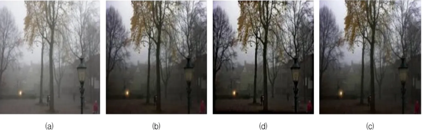 Fig. 5. Comparison  of  'Country'  images;  (a)  input  image  (b)  He  method  (c)  BFLCC  method  and  (d)  proposed  algorithm.