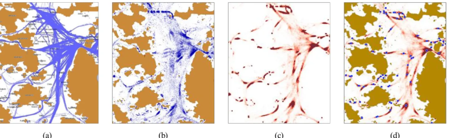 Fig.  4의 (a)는 수신된 AIS  항적 데이터를 지도상에 표시한  결과이며,  (b)는 단순화 된 항적 데이터를 표시하였다.  이처 럼 항적 단순화 작업은 선박의 이동 경로 특성을 최대한 유 지하면서 데이터의 용량을 대폭 줄이는 효과가 있다