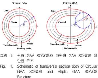 그림  1은  3D  원형  및  타원형  GAA  SONOS  셀  단면 을  개략적으로  나타낸  것으로,  이심율의  효과를  모델링 하기  위해서  수직  방향(z)은  무한한  것으로  가정했다