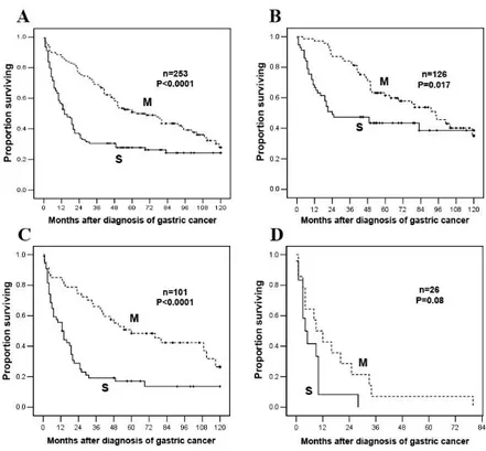 Figure 4. The Kaplan-Meier survival curve for (A) all stage of gastric cancer,  (B) stage I gastric cancer, (C) stage II and III gastric cancer, and (D) stage IV  gastric  cancer  according  to  chronicity  of  SPC