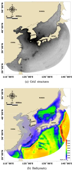 Fig.  5.  Grid(a)  and  bathymetry(b)  map  for  storm  surge  model.