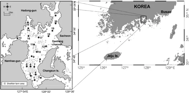 Fig.  1.  Study  area  and  location  of  the  sediment  sampling  sites  in  Jinju  Bay,  southern  coast  of  Korea.