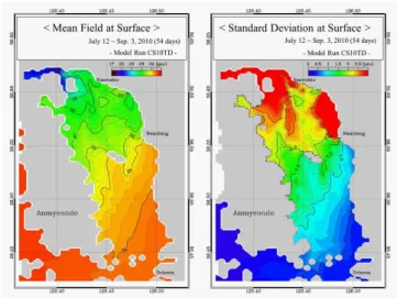 Fig.  10.  Horizontal  distribution  of  mean  salinity  field  and  standard  deviation  at  the  surface  layer  from  run  CS10TD.