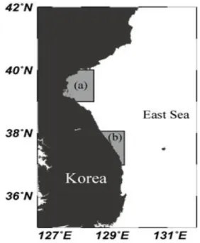 Fig.  1.  Map  of  study  area  related  with  sea  surface  temperature  (SST)  and  spawning  ground  in  Dong-han  Bay  (a)  and  middle  eastern  coast  of  Korea  (b).