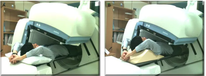 Fig. 2. In principle, both rest and stress scans were examined in supine position. (A) When heart shadow is blocked by the organ  in tests during a resting phase and a loaded phase, additional images were obtained using immobilization device
