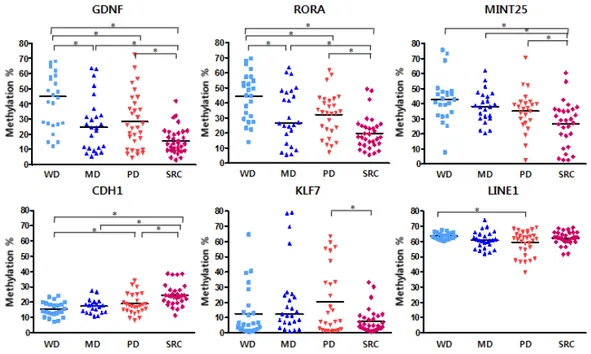 Figure 5. Methylation patterns upon 4 histologic differentiation status in the validation group (* P ＜ 0.05).