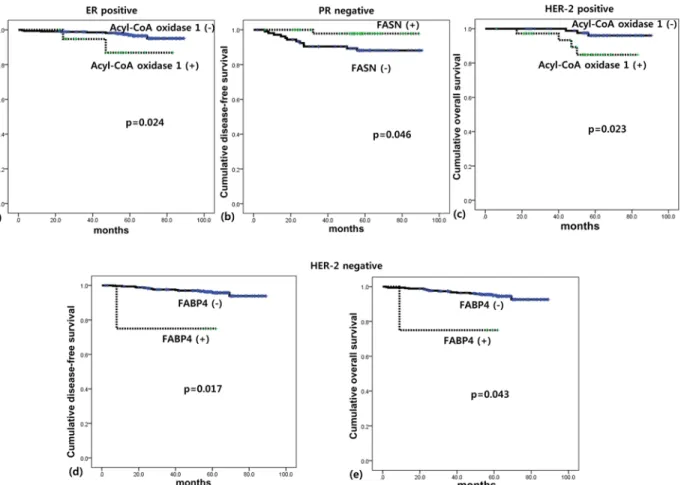 Fig 4. Impact of the expression of lipid metabolism related proteins on patient prognosis in ER positive group (a), PR negative group (b), HER2 positive group (c), and HER2 negative group (d, e).