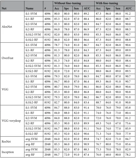 Table 3.  Extended features from a single CNN with/without fine-tuning and classification using SVM/RF:  ‘Name’ follows the form ‘extracted layer-classifier’ and # denotes the number of features.