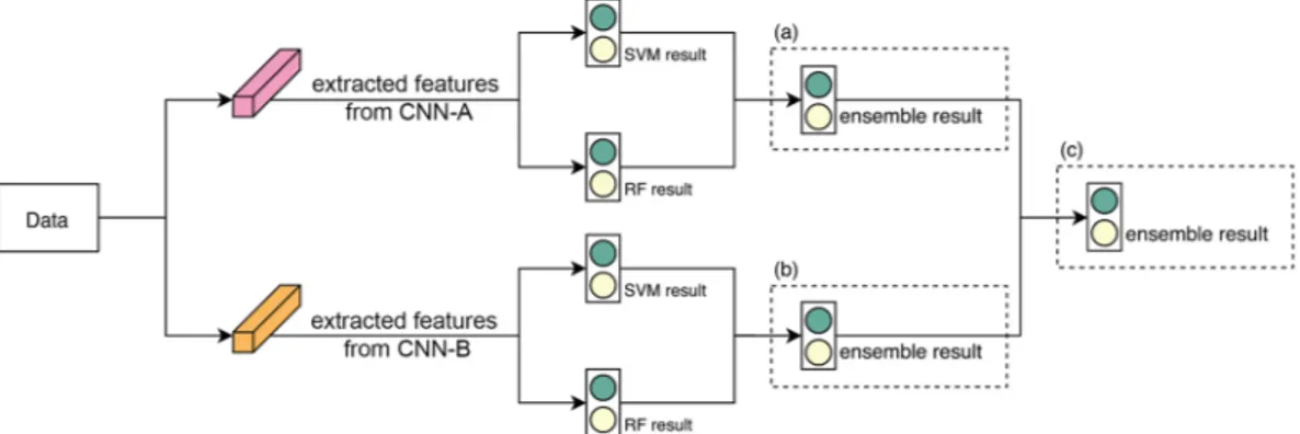 Figure 5.  Example of classification ensemble: Two CNNs were used as feature extractors and then classification  ensembles were applied for SVM and RF of CNN-A(a) and CNN-B(b) to observe results