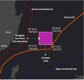 Fig.  1.  AIS  receiver  position of  donghae  gas  plant  and  analysis  area. Fig.  1은 동해가스전에 설치되어 있는 AIS  수신기 위치를  나타낸 것이며, 최적위치를 선정하기 위한 분석 구역을 나 타낸 지도이다