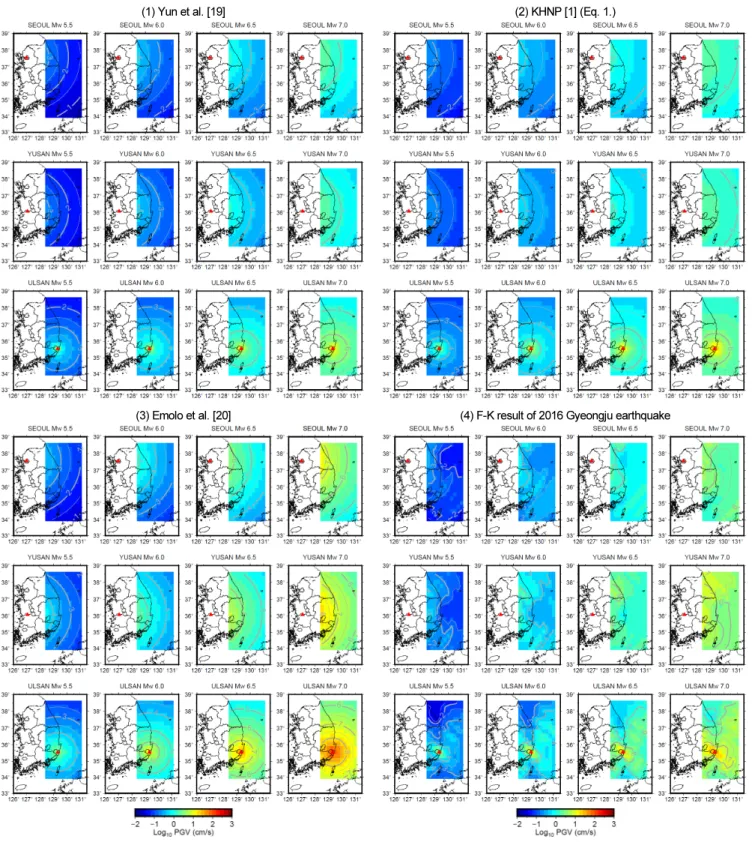 Fig. 5.  PGV maps for same as Fig. 4