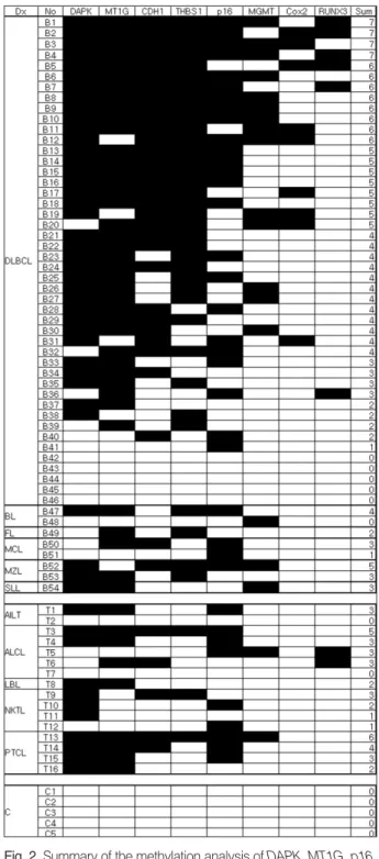 Fig. 1. Methylation specific PCR results for eight genes in non- non-Hodgkin’s lymphomas