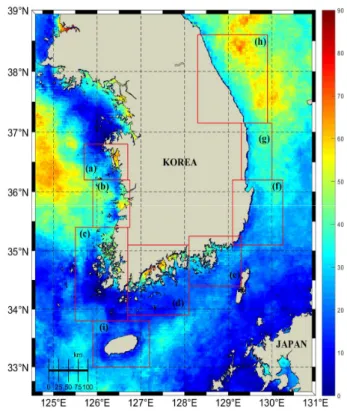 Fig.  1.  Study  area  used  in  this  study.  Boxes  (a)-(i)  represent  regions  of  interest  for  the  analysis  of  marine  heat  waves  warning  issue
