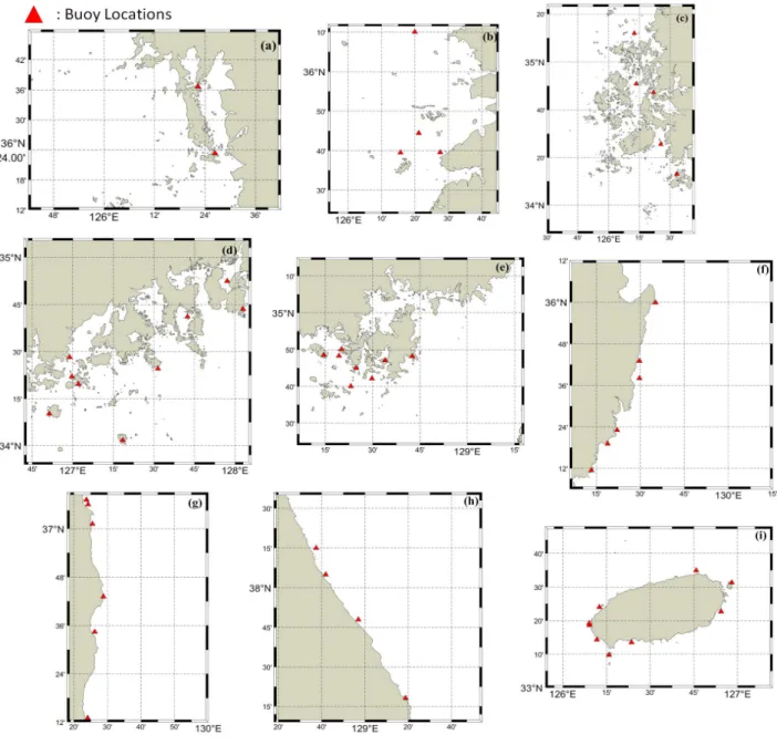 Fig.  2.  9  areas  listed  in  Table  2.  (a)-(i)  indicate  coverages  with  buoy  locations  (red  triangles)  for  each  region  in  Figure  1.