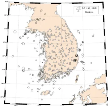 Fig. 1.  Location of the selected events and stations used for ground  motion database