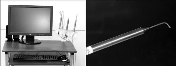 Fig 1. Doppler ultrasound equipment (Left) and 25 MHz probe (Right).동 시 치수와 주변조직에 일어나는 미세순환의 변화를 치수에 어떠한 유해 자극도 가하지 않고 반복적으로  계측할  수  있다