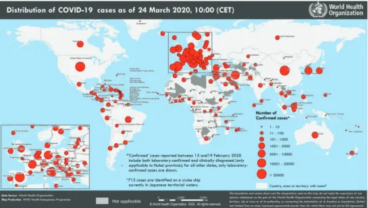 Figure 2 represents countries, territories or areas with  reported, confirmed cases of COVID-19, and Figure 3  shows epidemic curves for confirmed COVID-19 by WHO  region as per the data available on 24 March, 2020.