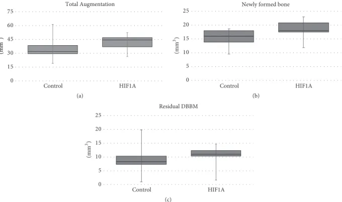 Figure 3: Parameters measured in the microcomputed tomography analysis: (a) total augmented volume (TV), (b) volume of newly formed bone (NV), and (c) volume of residual bone substitute material (RV)