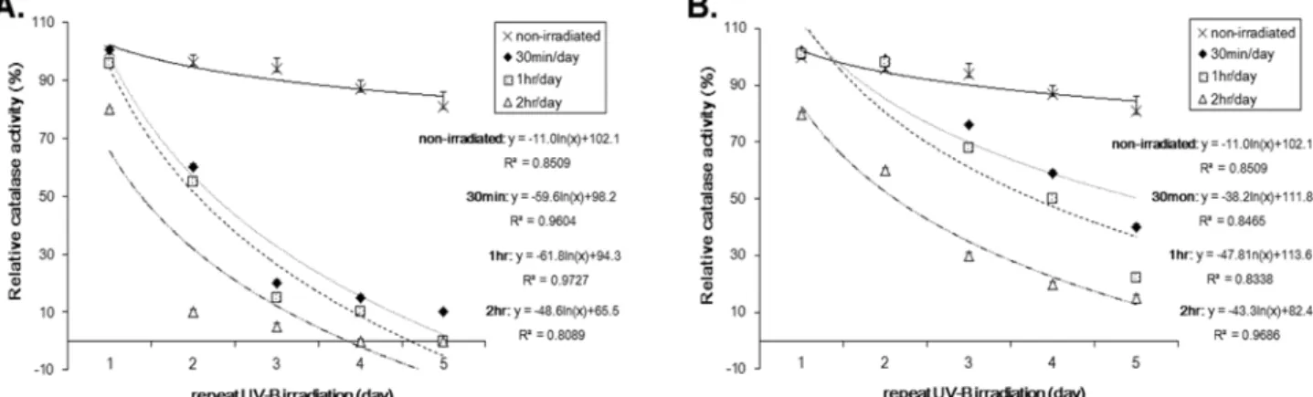 Fig. 6. Change in relative ratio of CAT activity by repeat UV-B irradiation. A: without RGP lens, B: with RGP lens