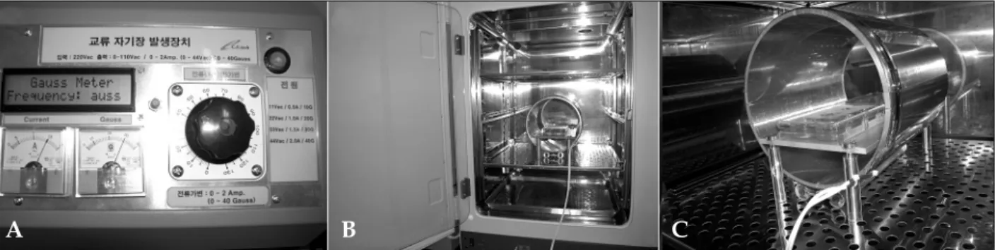 Fig. 1. EMF exposure system. (A) Control part. (B) Placement of the system and position of the sample in a cell culture incubator