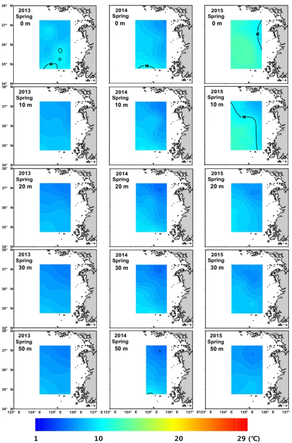 Fig.  2.  Horizontal  distribution  of  water  temperature  at  0 m,  10 m,  20 m,  30 m  and  50 m  depth  in  spring  from  2013  to  2015  in  the  Yellow  Sea.