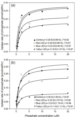Fig.  2(a) T.  suecica의 파장별 시간에 따른  인산염의  흡수속도를  나타내었다 그  결과  모든  파장에서  .  인산염농도가  5 μ M 까지 증가함에 따라 흡수속도는 증가하