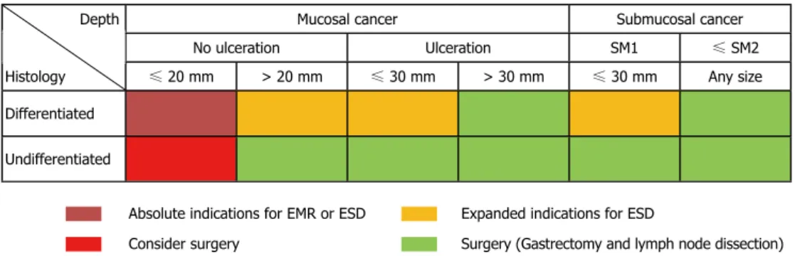 Figure 1  Absolute and expanded indication for endoscopic mucosal resection and endoscopic submucosal dissection for early gastric cancer