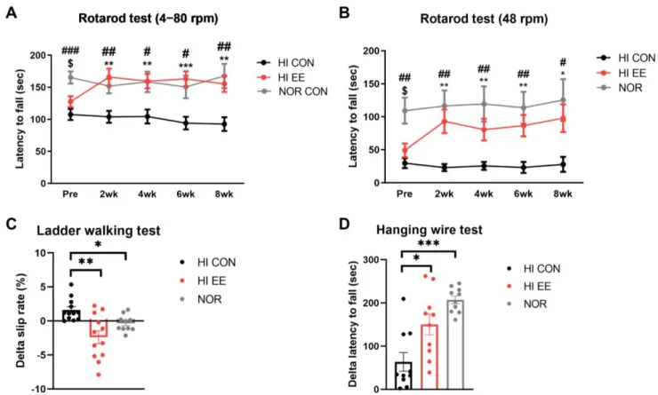 Figure 2. EE improves motor coordination and strength in HIE mice. (A) Accelerating rpm rotarod performance (4–80 