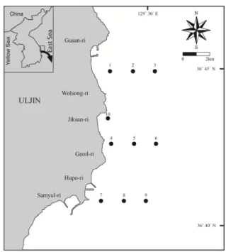 Fig.  1.  Location  of  sampling  stations  in  the  Uljin  Marine  Ranching  area,  East  Sea  of  Korea.