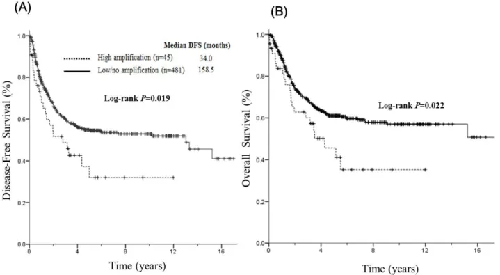 Figure 3: Prognostic impact of high FGFR1 amplification and low/no amplification on DFS and OS