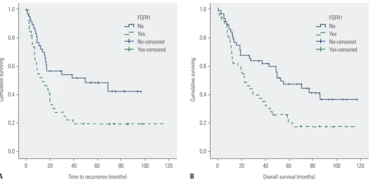 Fig. 3.  Survival curves according to FGFR1 expression level. (A) Progression free survival
