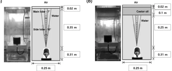 Fig.  1.  Geometry  of  water-tank  experiment  for  (a)  water  only  and  (b)  0.1  m  thickness  of  castor  oil  on  top