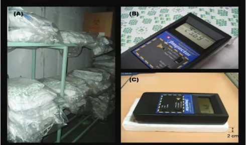 Fig. 2. The Surface of Patient’s Upper &amp; Lower Clothes Contaminated by Vomiting and Urine  Among Radioactivity Iodine Treatment Process (A), (B), (C), (D).