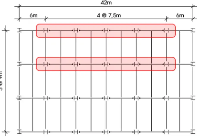 Fig. 1.  Plan of analytical models지 않는 경우가 많다. 미국의 설계관행에 비해 한국의 설계관행을 따라 설계될 경우 횡하중에 저항하는 골조의 수가 많아 여유도(redundancy)측면에서 내진성능이 향상될 가능성이 있다.최근 김태완[6]은 이러한 특징을 가진 국내 철골모멘트 골조의 내진성능을 푸시오버해석을 통해 평가하고 전통적인 국내 철골 모멘트골조를 중간모멘트골조로 설계하되 KBC2009[1]의 해당 반응수정계수보다 큰 값을 