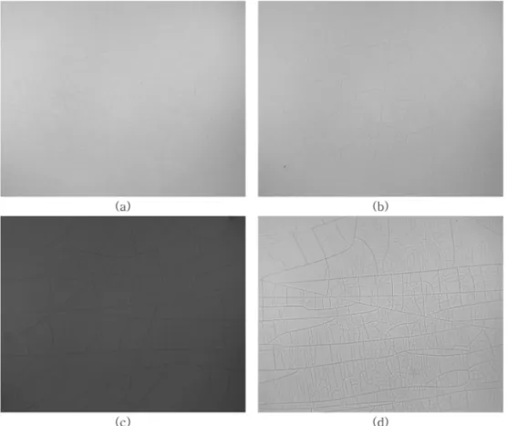 Fig. 2. Surface images of A products heated at (a) 70 o C for 1h, (b) 75 o C for 10 min, (c) 100 o C for 10 sec, (d) 100 o C for 20 sec.