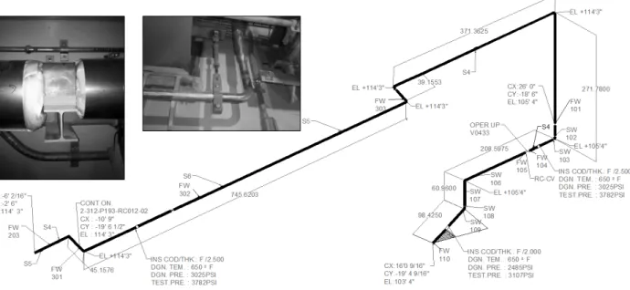 Fig. 1.  Tested nuclear piping system drawing(ISO) and photos램을 진행하였다[3]. 2가지 재료가 다른 배관요소에 대한 실험이 수행되었으며, 구조체의 동적거동 특히, 곡관의 거동을 중심으로 내진성능을 분석하였다