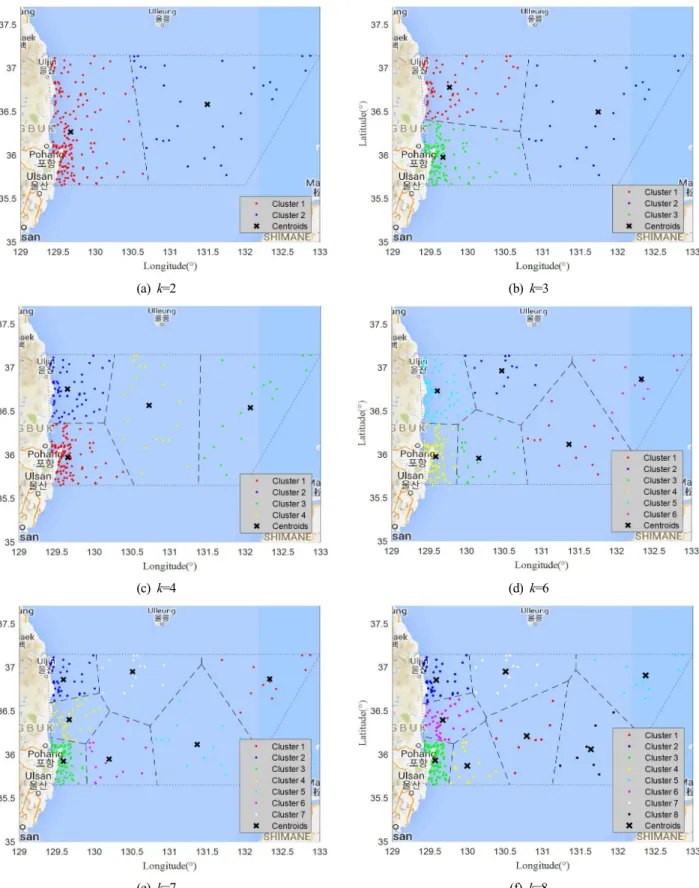 Fig.  7.  Assignment  area  and  centroids  by  number  of  cluster  k.