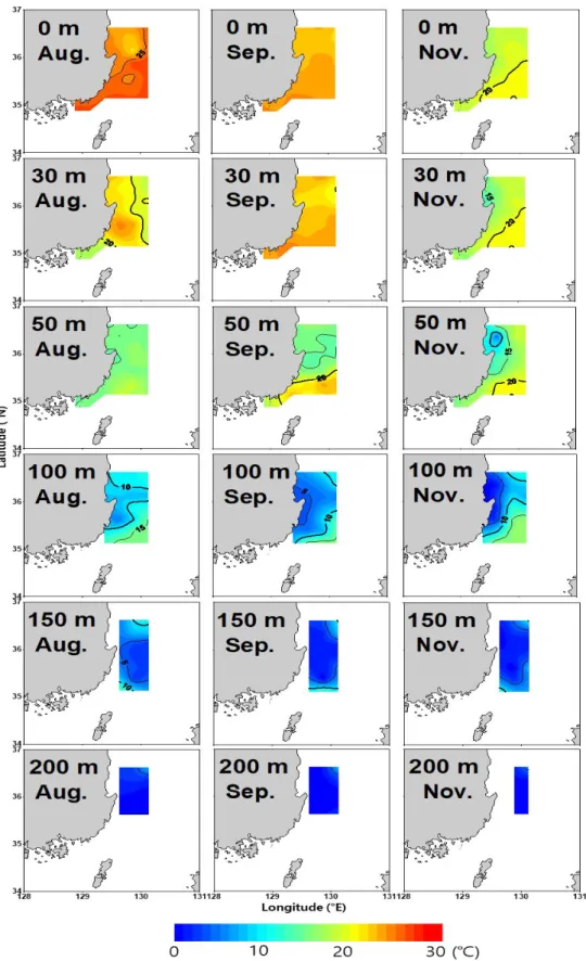 Fig.  4.  Horizontal  distribution  of  water  temperature  at  0 m,  10 m,  20 m,  30 m,  50 m  and  100 m  depth  in  August,  September  and  November  in  the  southern  part  of  the  East  Sea.