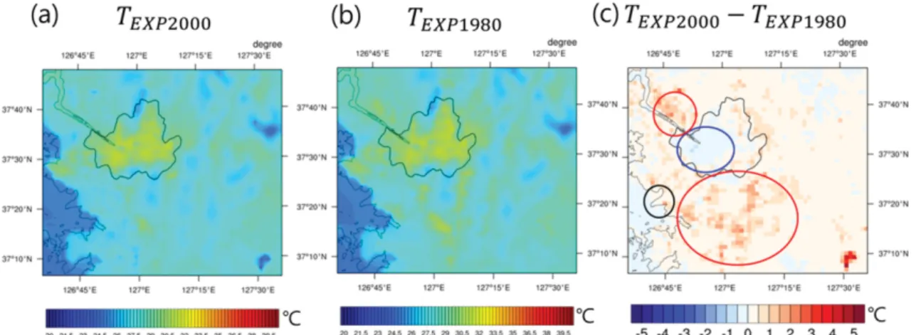 Fig. 4. Spatial distribution of 1.5-m temperature ( o C) during the entire period of simulation for (a) EXP1980, (b) EXP2000, and (c) difference between EXP1980 and EXP2000.