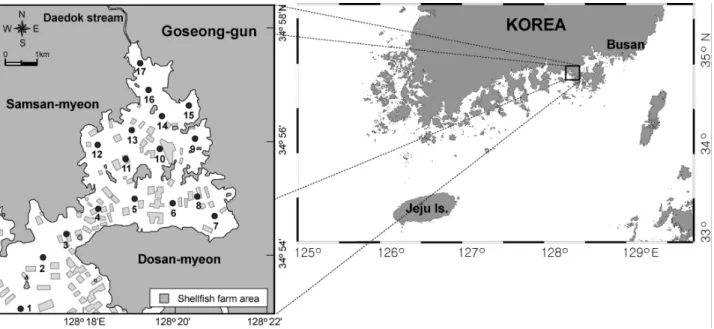 Fig.  1.  A  map  showing  the  study  area  and  the  sampling  sites  for  analyzing  grain  size,  organic  matter  and  heavy  metals  in  surface  sediments  around  Goseong  Bay.