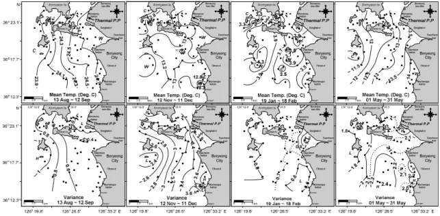 Fig.  4.  Horizontal  distributions  of  monthly  mean  temperatures  and  variances  at  all  mooring  stations  around  Boryeong  coast,  respectively