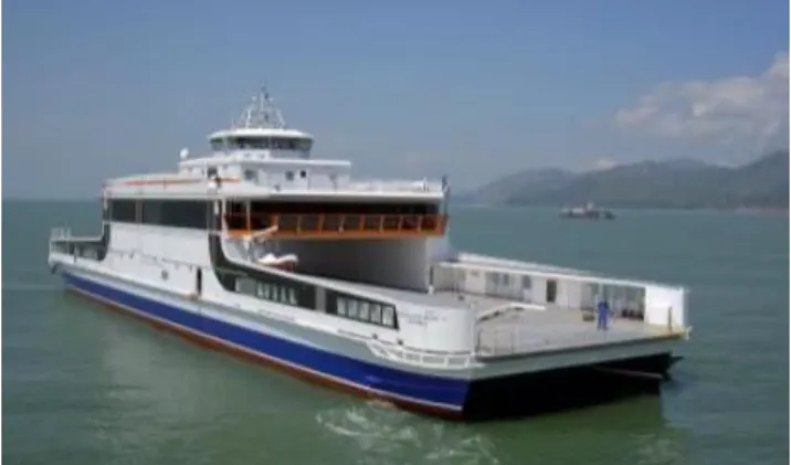 Fig.  1.  Twin-hull  Car-ferry. LOA 60.00 m L-scantling 58.0 m Breath 19.8 m Depth 4.2 m Draft 2.5 m C b 0.52 Speed (knots) 15 Displacement (ton) 1121Table  2