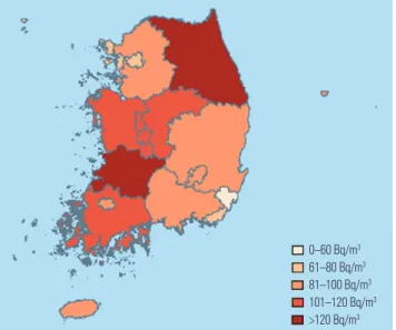 Fig. 1.  Average indoor radon concentrations by administrative districts in  Korea.
