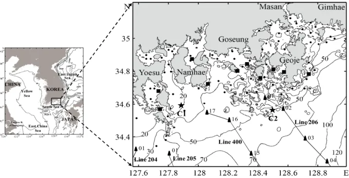 Fig.  1.  Observation  stations  of  study  area.  Depths  are  in  meters.  ●  :  Coastal  observation  points  (MEIS),  ▲  :  Fixed  line  observation  points  (NFIS),  ■  :  Real-time  informations  system  for  aquaculture  environment  (NFIS),  ★  :  