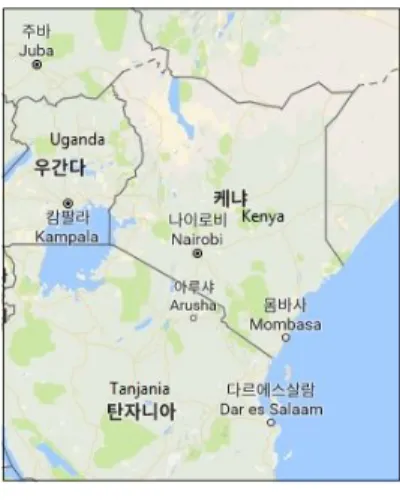 Fig.  1.  The  map  of  Kenya.후 적절한 시기에 케냐해양대학으로 독립하는 것을 목표로 하고 있다.  JKUAT는 7년 전에 이미 기관공학과(Department of  Marine  Engineering)를 설립하여 선박기관사를 양성해왔으며 한국의 도움으로 항해학과 설립을 추진 중이다