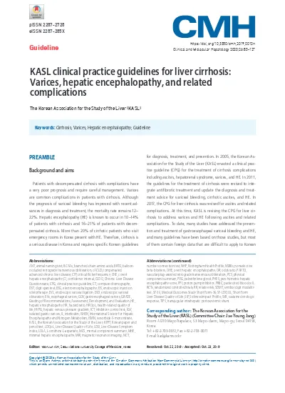 KASL Clinical Practice Guidelines For Liver Cirrhosis: Varices, Hepatic ...