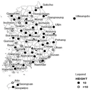 Fig. 1. Location of surface observation stations used in this study.  Gray  circle  indicates  the  station  with  elevation  of more than 10 m.