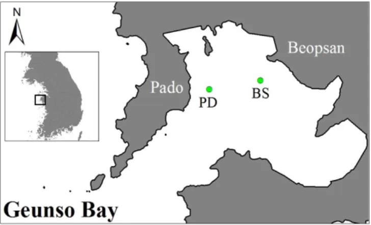 Fig.  1.  Study  area  and  survey  sites  in  Geunso  Bay,  Korea.