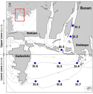 Fig.  1.  Map  of  the  Nakdong  River  estuary,  showing  sampling  sites  ( ● ). 