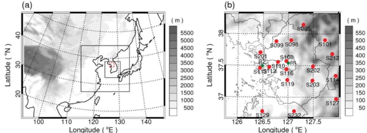 Fig. 1. (a) Domains of the WRF-FLEXPART model and (b) the analysis area of the Seoul metropolitan area